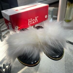 H2K Furry Slide Slippers with White Faux Fur